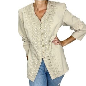 Vintage beige tan crochet detail blazer jacket 14